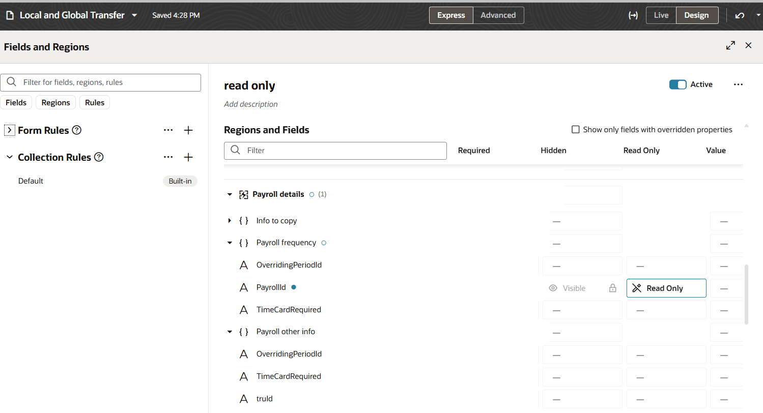 Payroll attributes can be made read-only in Local and Global Transfer