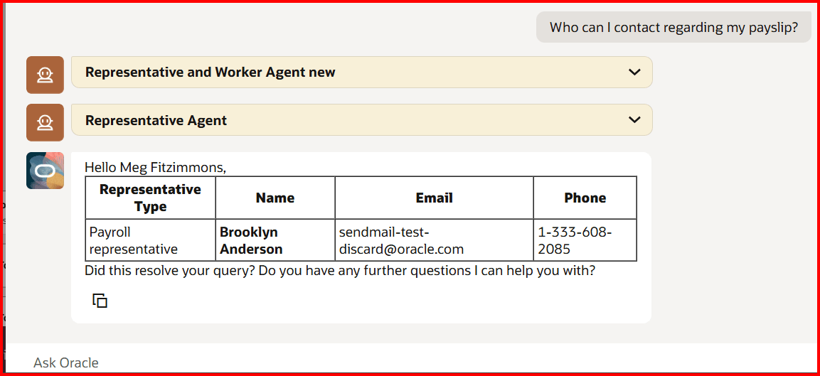 AI Assistant retrieving the user's payroll-related representatives
