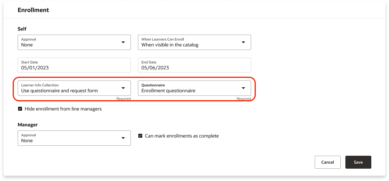 Enrollment Section Showing the Learner Info Collection and Questionnaire Settings