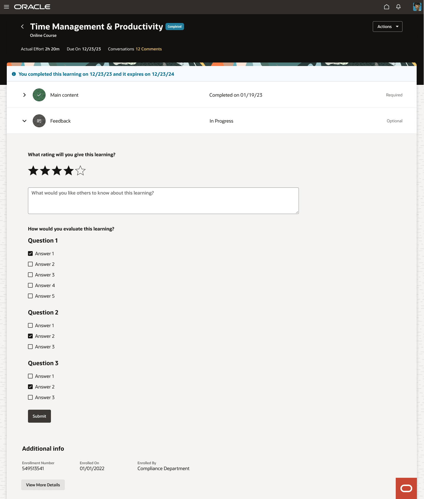 Enrollment Details Page for a Self-Paced Learning with the Feedback Activity After the Main Content