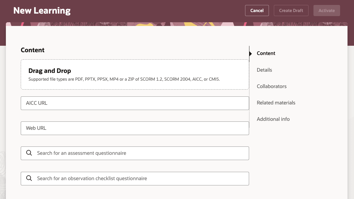 New Learning Page Showing that the Drag and Drop Now Also Supports Cmi5 File Types