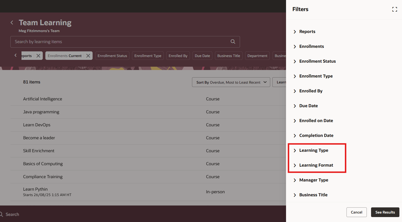 Team Learning Filters Drawer Showing the Learning Type and Learning Format Filters