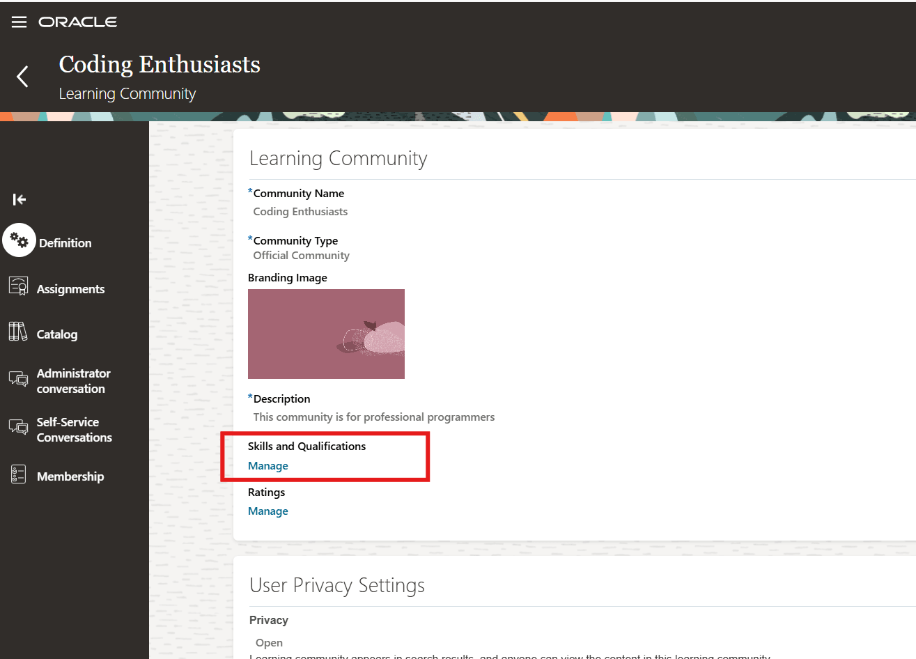Learning Community Page Showing the Skills and Qualifications Section and Manage Link
