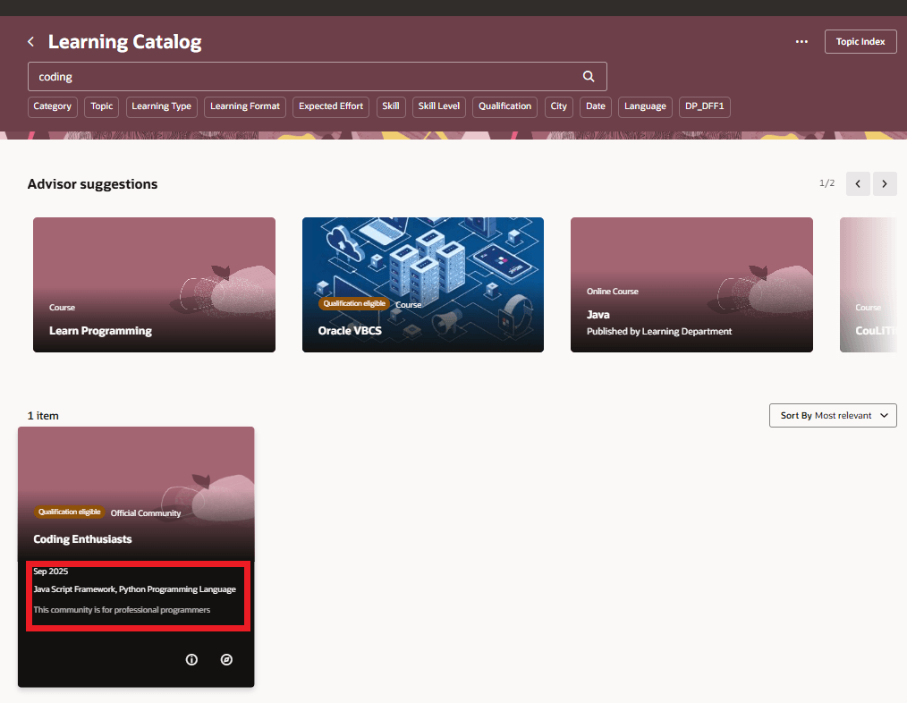 Learning Catalog Page Showing the Skills and Qualifications Info When Hovering Over the Community Card