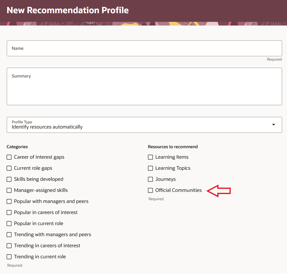 New Recommendation Profile Showing the Official Communities Option in Resources to Recommend