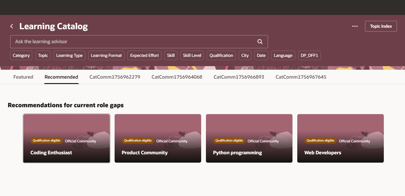 Learner's Learning Catalog Page Showing Official Community Recommendations
