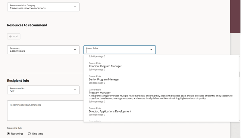Career Roles Option in the Resources to Recommend Section