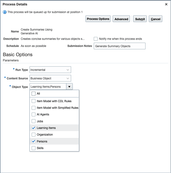 Process Details Page for the New Create Summaries Using Generative AI Process