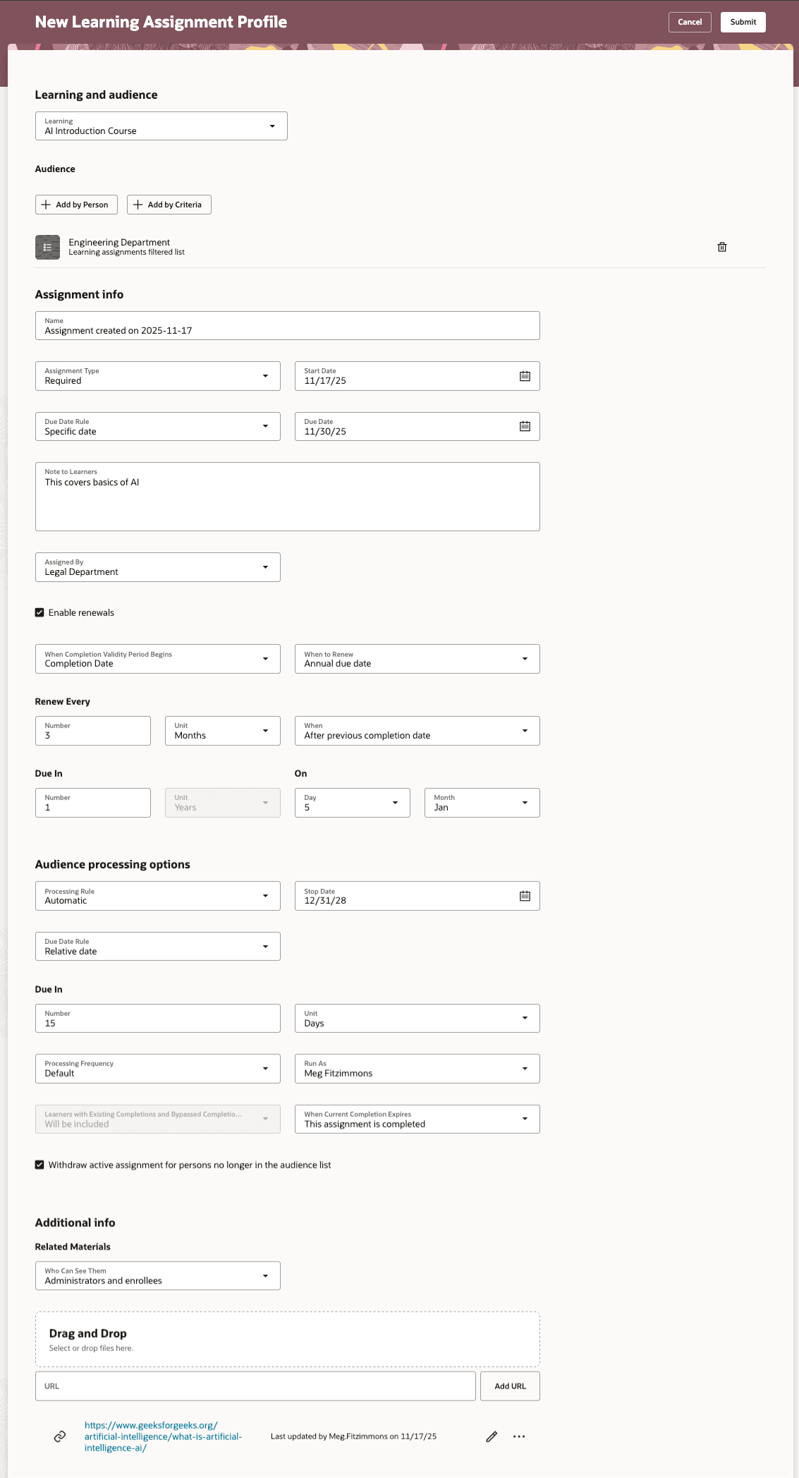 New Learning Assignment Profile Page