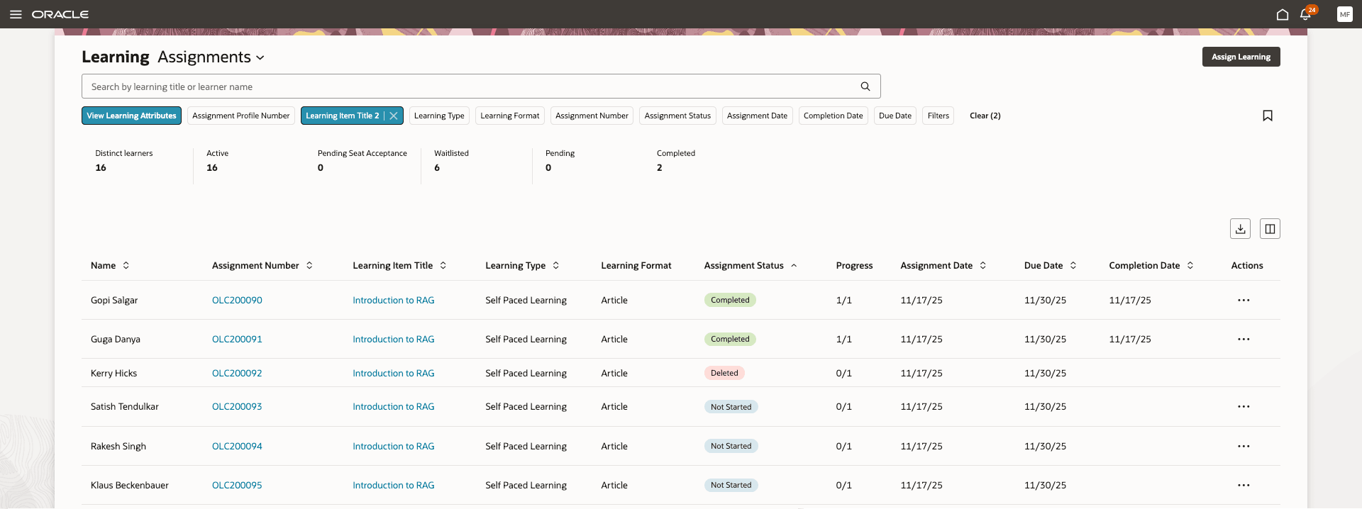Learning Assignments Page