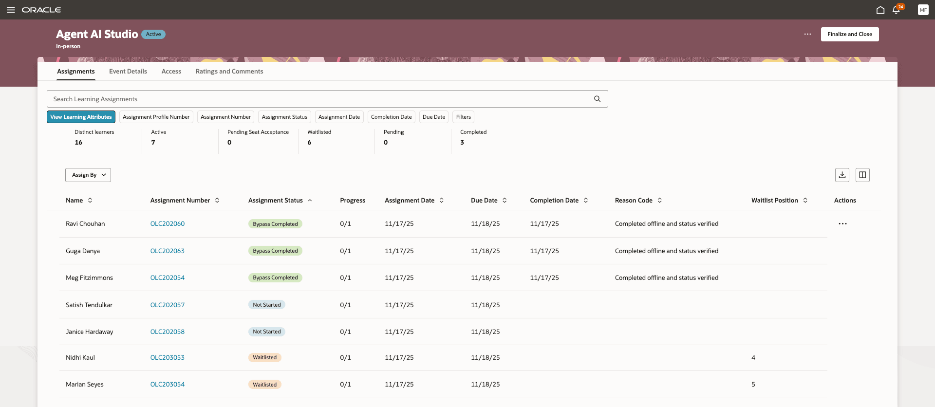 Event Details Page, Assignments Tab