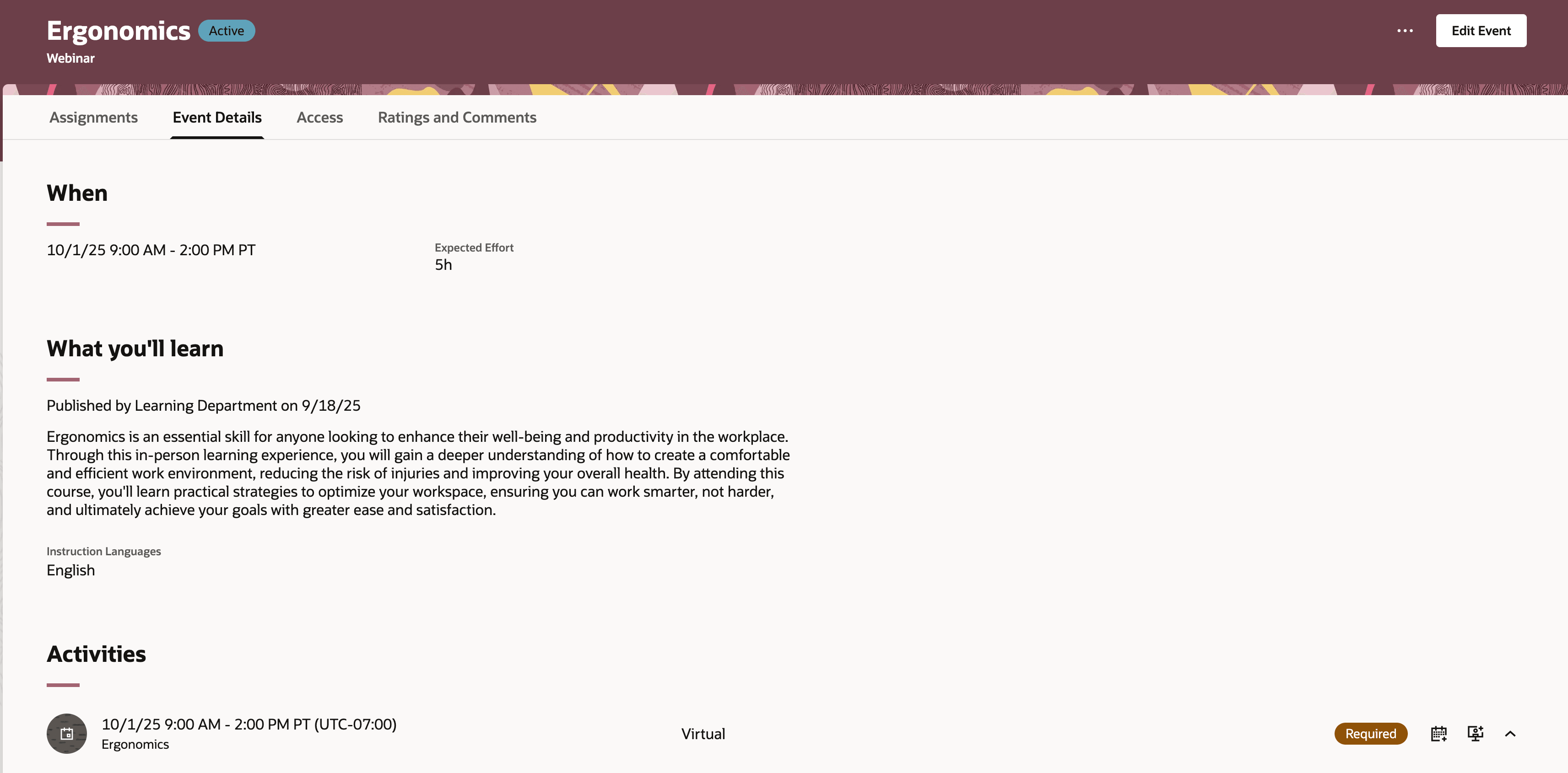 Event Details Page for Learning Specialists