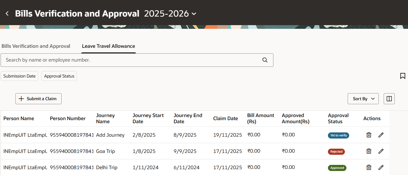 Leave Travel Allowance Administrator View