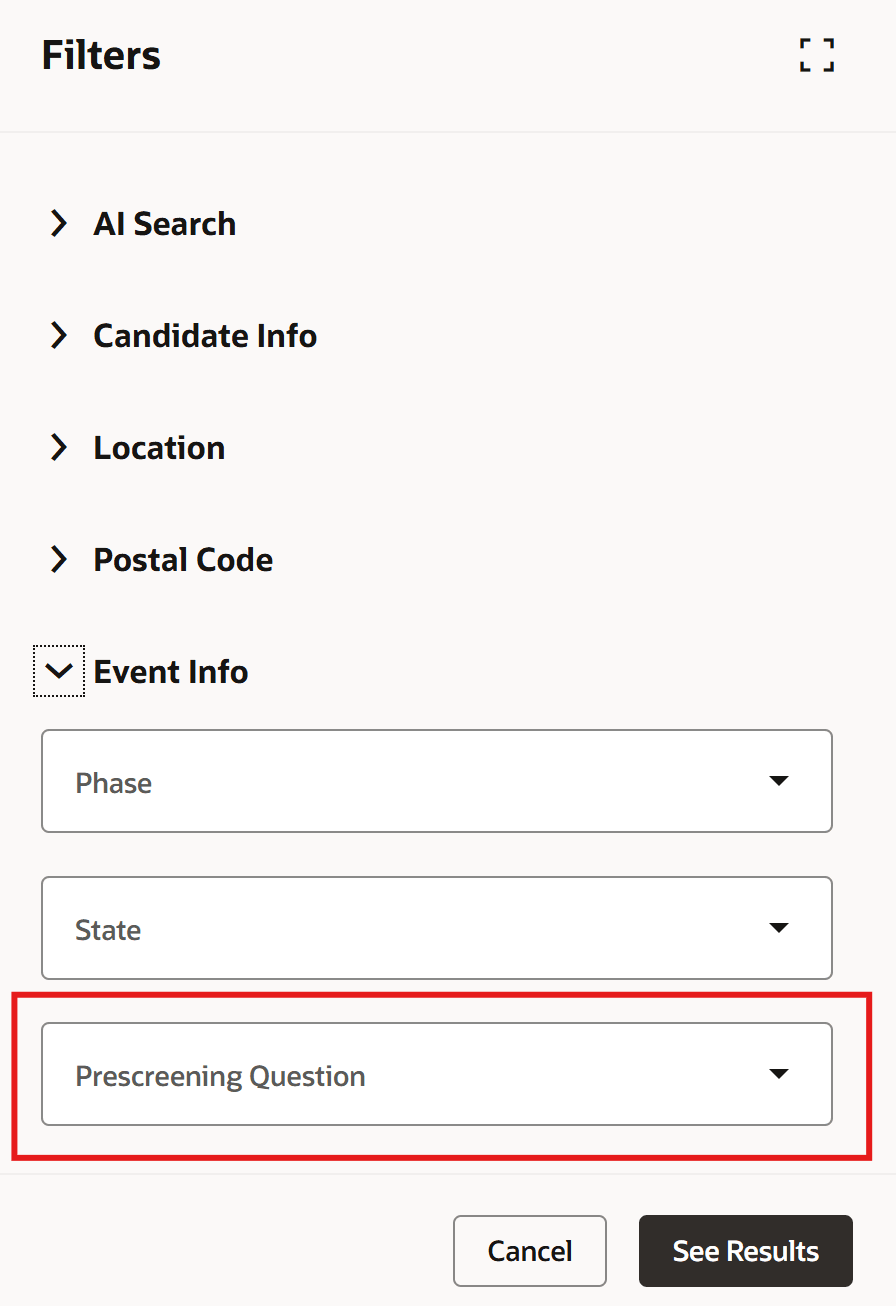 Prescreening Question Filter in Event Info Filter Group