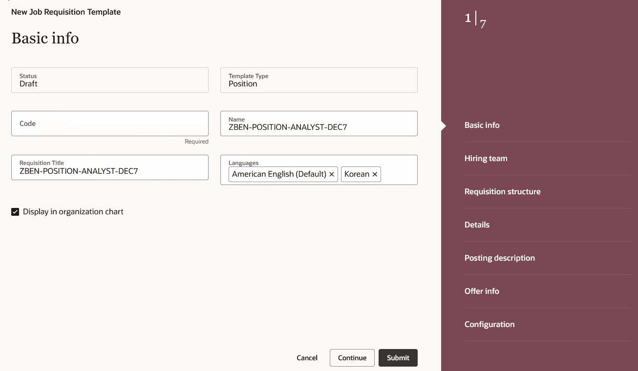 Code Field in the Job Requisition Template