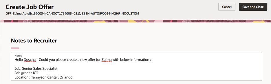 Notes to Recruiter on the Create Job Offer Page