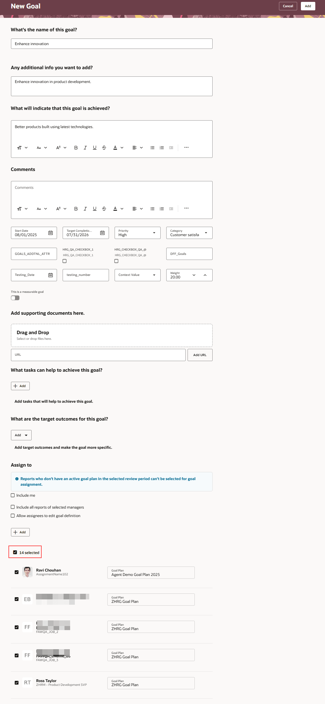 New Goal page with all team members selected for goal assignment