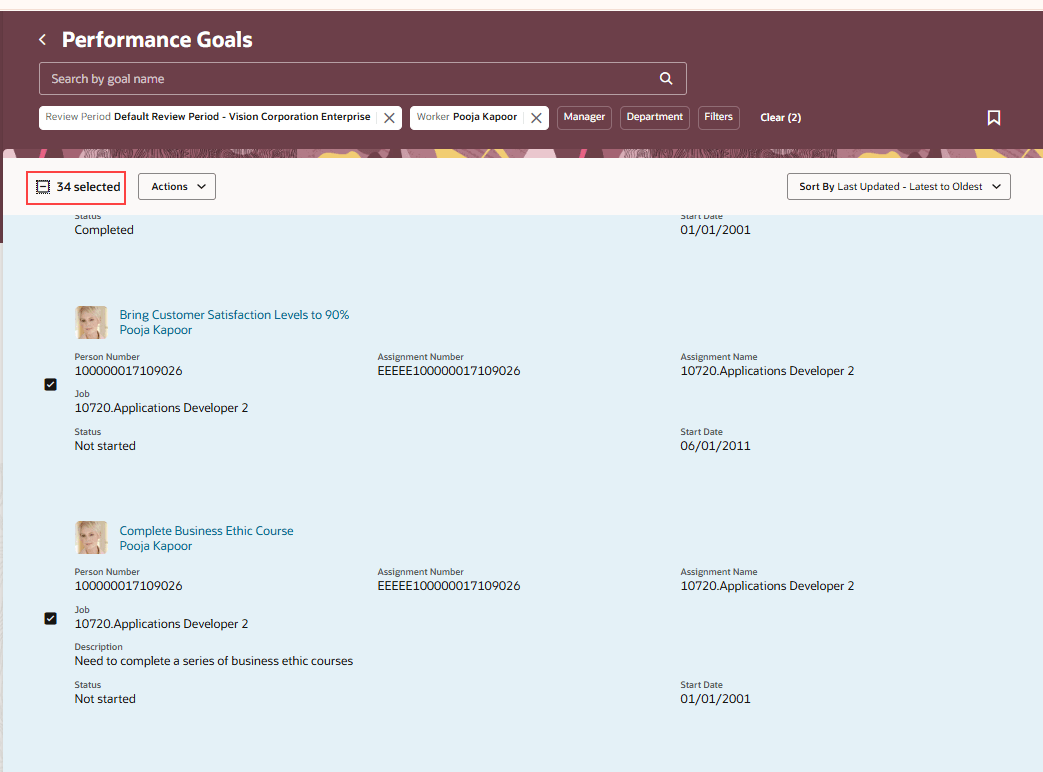 Performance Goals page of HR Specialist with review period and worker filters applied and all  goals selected