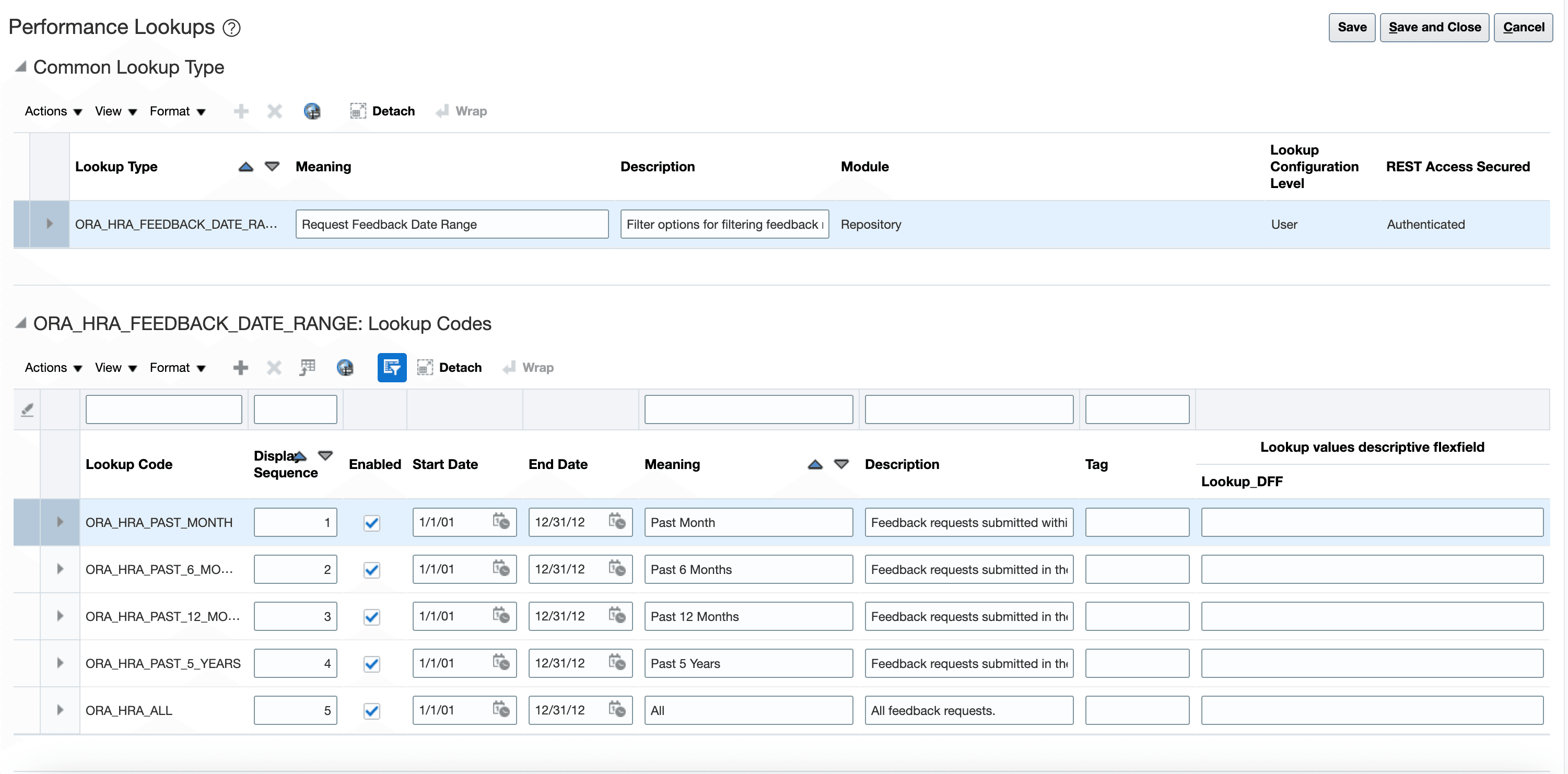 Define the date range and sequence for lookup codes