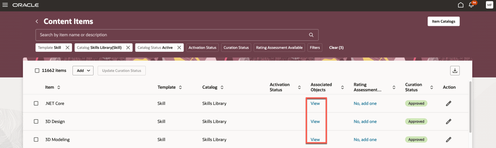 Link to view the list of applications where the content item is used