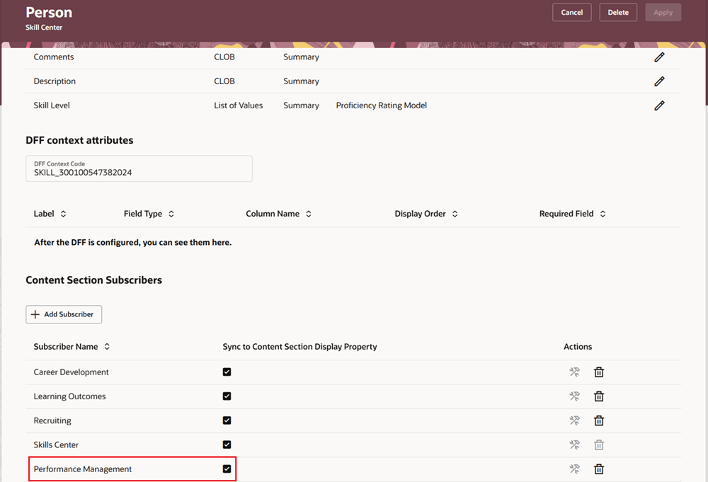 Screenshot of the Person page with highlight on the Content Section Subscriber section where Performance Management has been added.