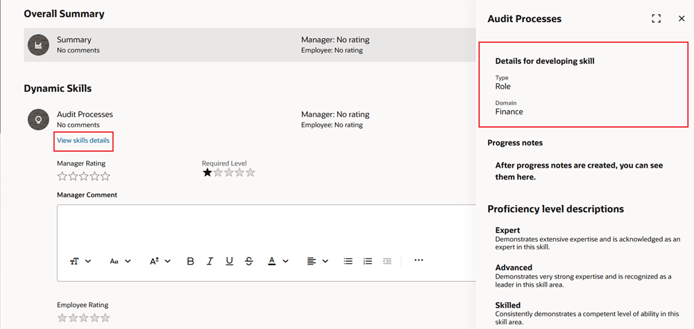 Screenshot of the Performance Document page with highlight on the View skills details link for a skills evaluation topic and the corresponding panel drawer.