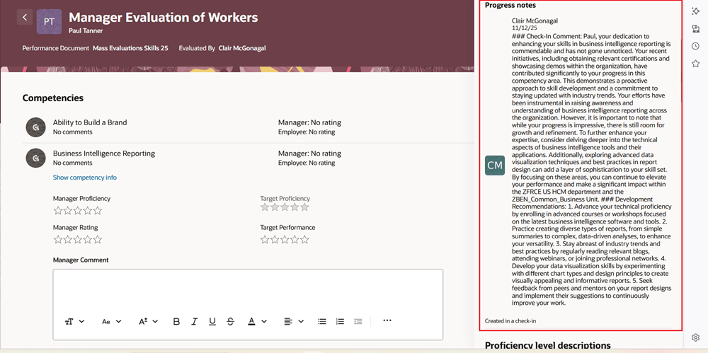 Screenshot of the Manager Evaluation of Worker page that displays check-in progress notes for the topic highlighted in the contextual notes panel drawer.