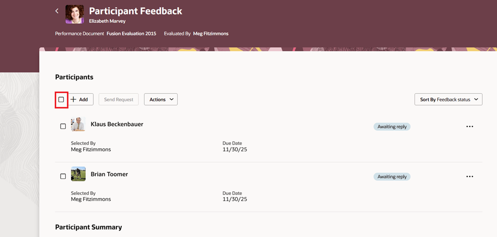 Screenshot of the Participant Feedback page with the Select All option highlighted.