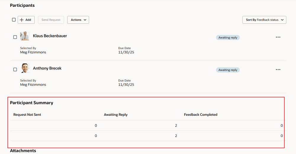 Screenshot of Manage Participant Page with the Participant Summary table highlighted and not displaying the role column.