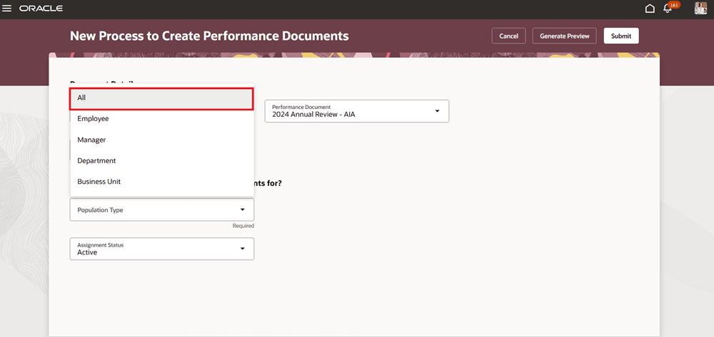 Screenshot of the Mass Process page displaying the Population Type list of values with the All option highlighted.