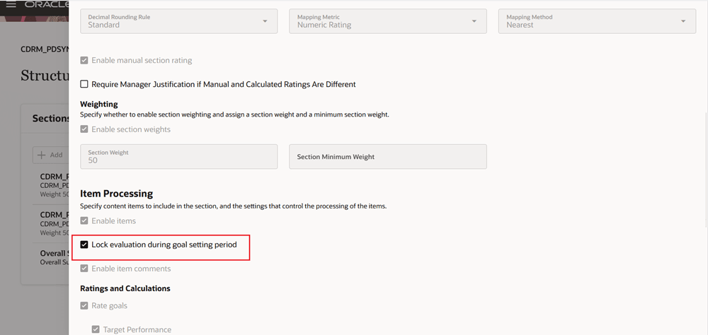 Screenshot that illustrates the settings in a goals template section with the Lock evaluation during goal setting period check box highlighted.