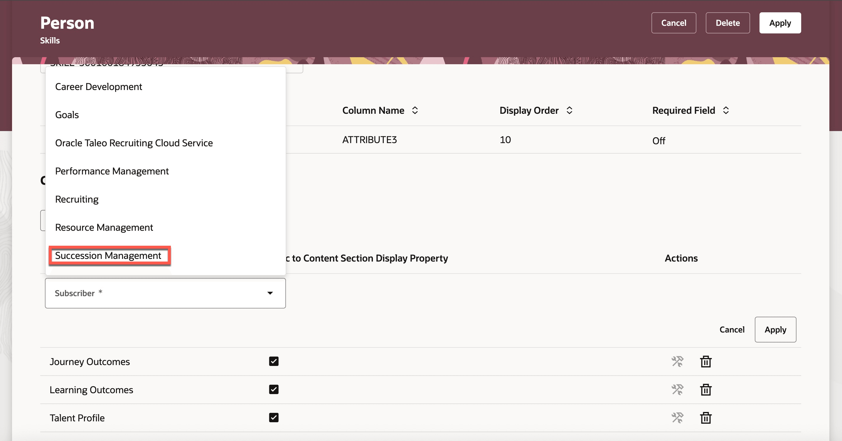 Succession Management displayed in the list of subscribers for person profile type