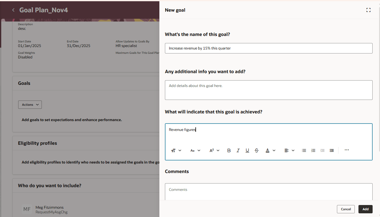 New goal Panel in a Goal Plan