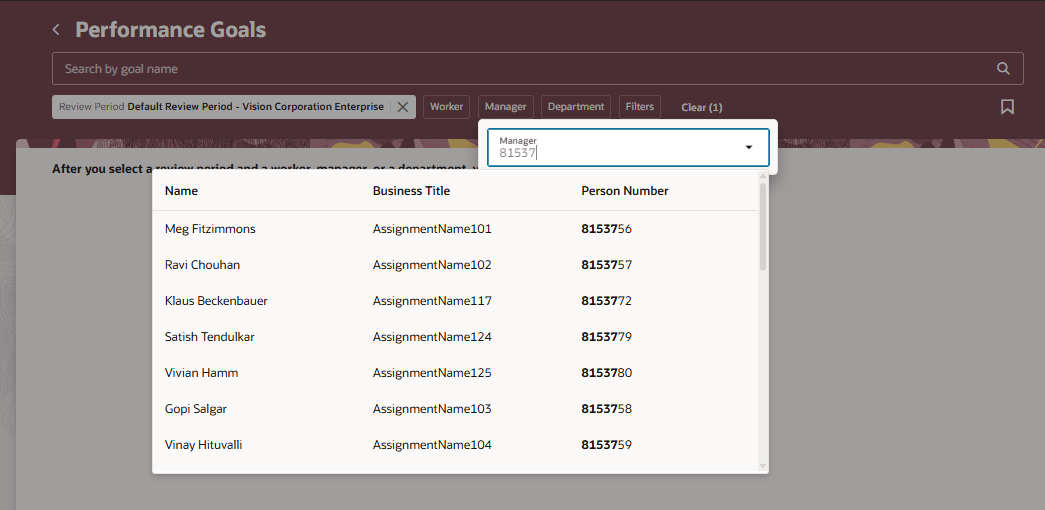 Performance Goals page with Manager filter