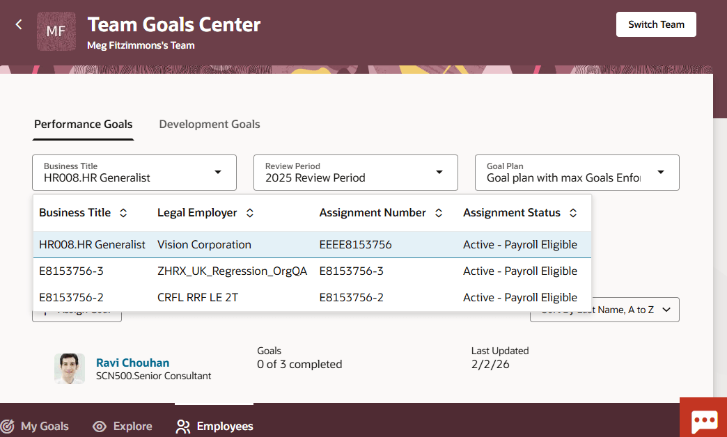 Team Goals Center page showing the Business Title list of values