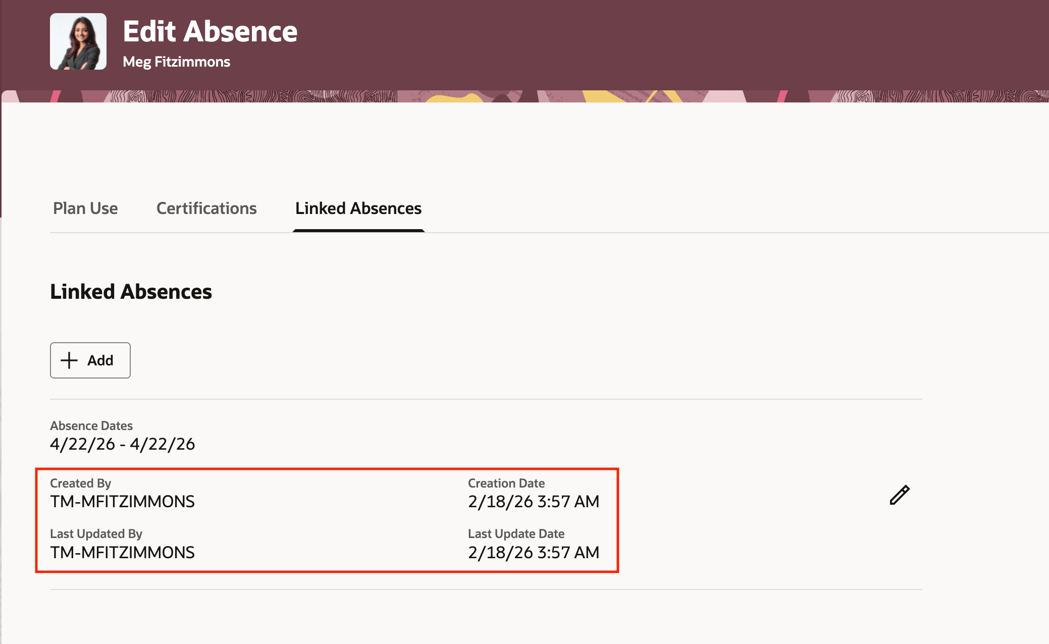 Linked Absences tab