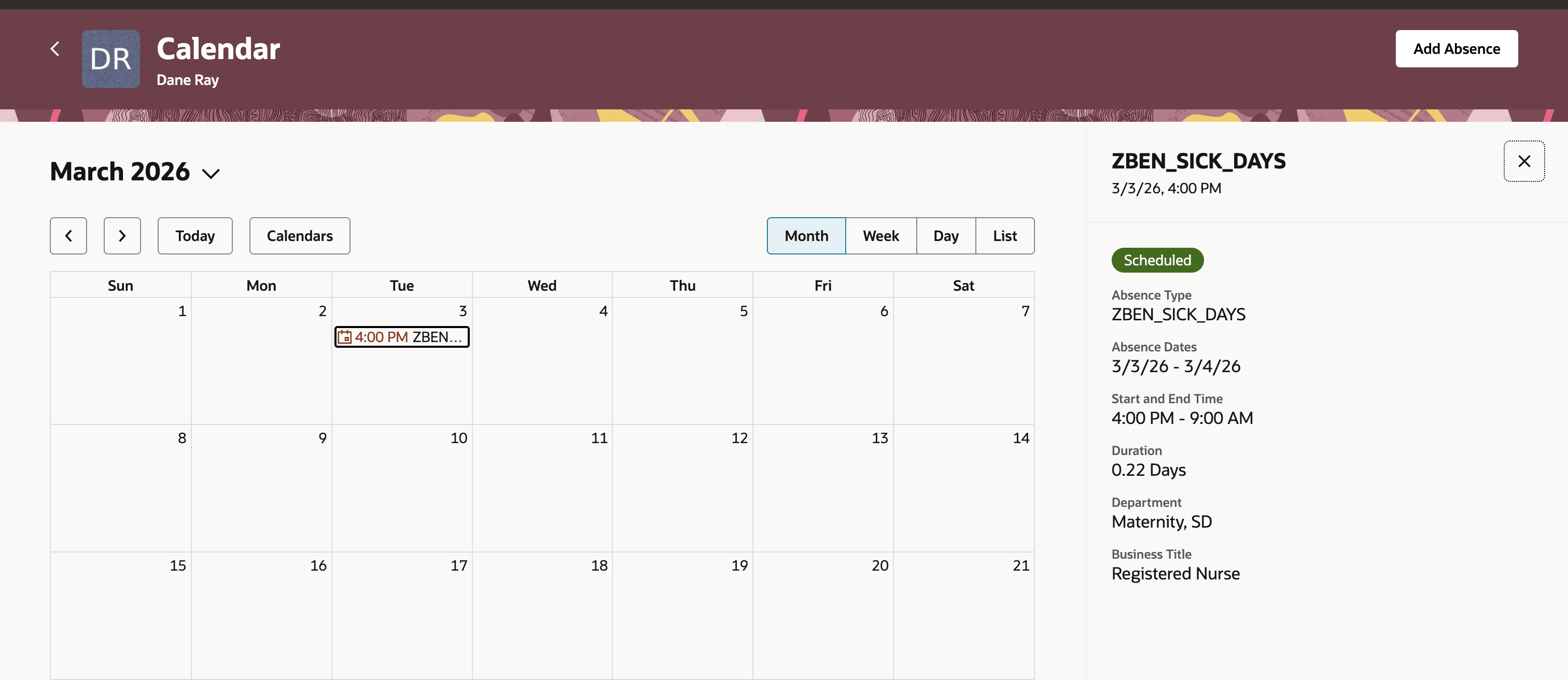 Overnight absence displayed on the start day