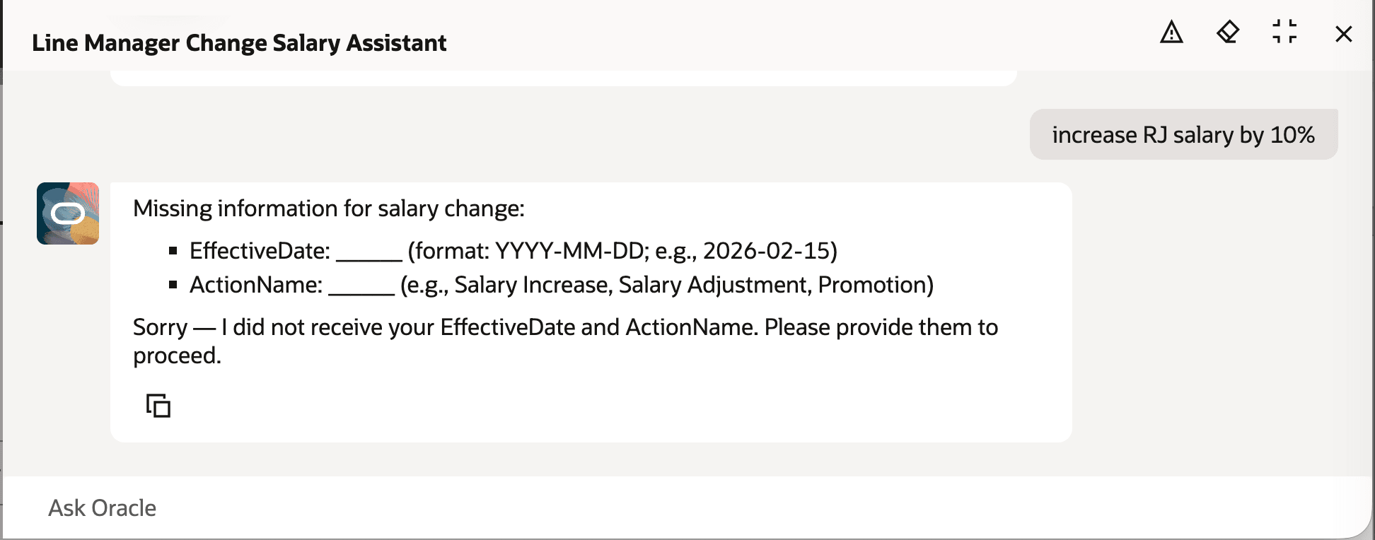 AI Agent Indicates Missing Mandatory Values Required for Submission