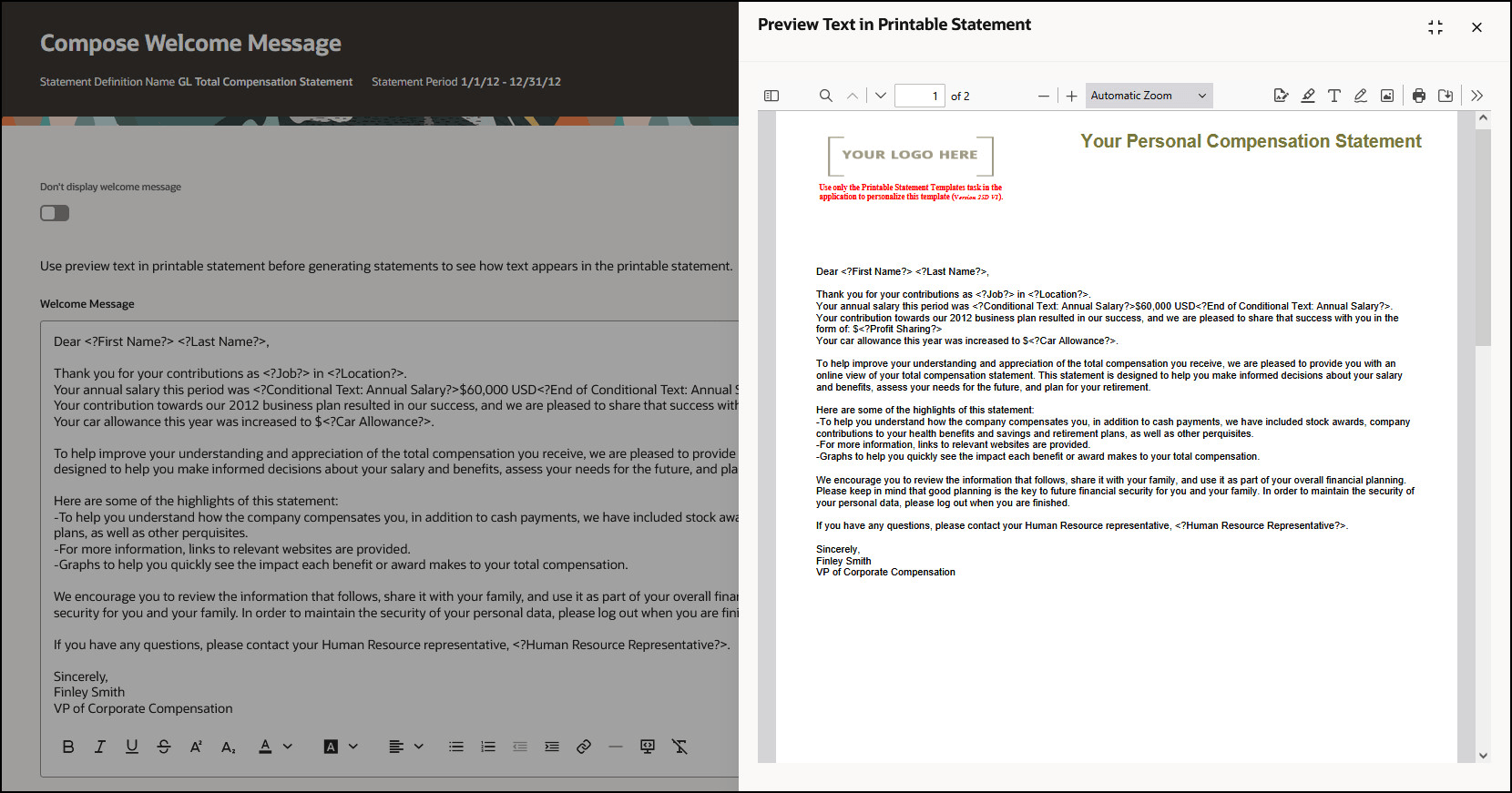Preview Welcome Message