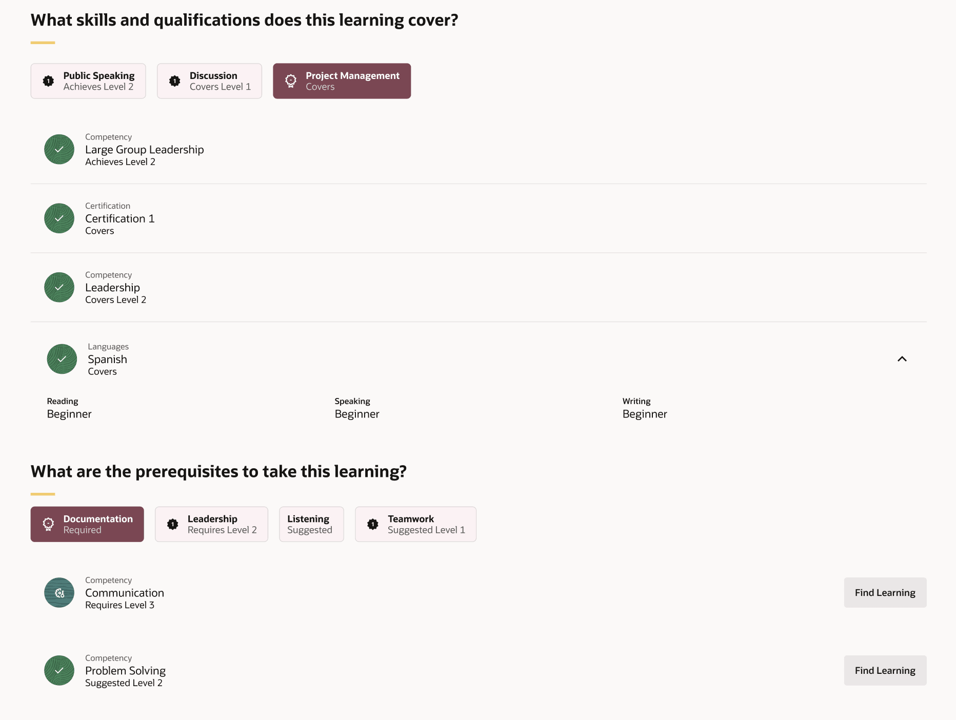 Example of skill chips in the Skills and Qualification section in Learning Catalog