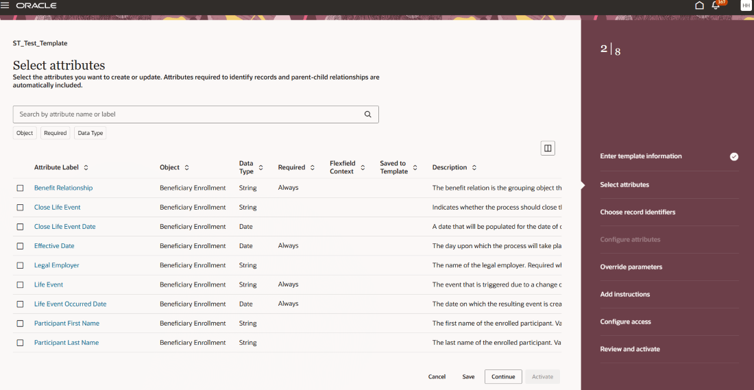 Select attributes page
