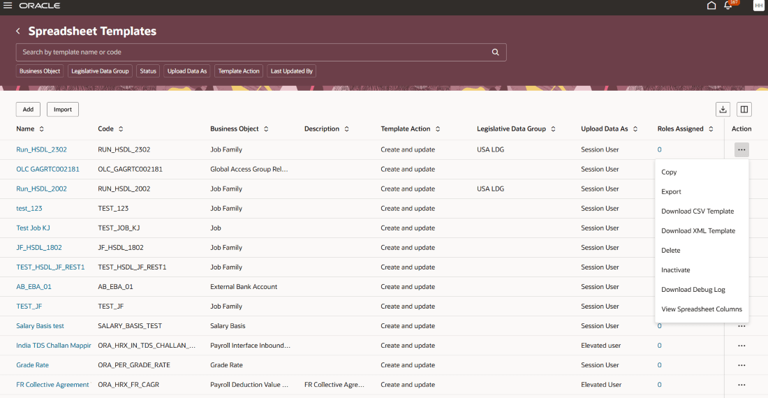 Spreadsheet Template actions