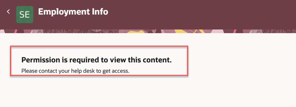 Employee without access receives a permission required message when viewing the Employment Info page