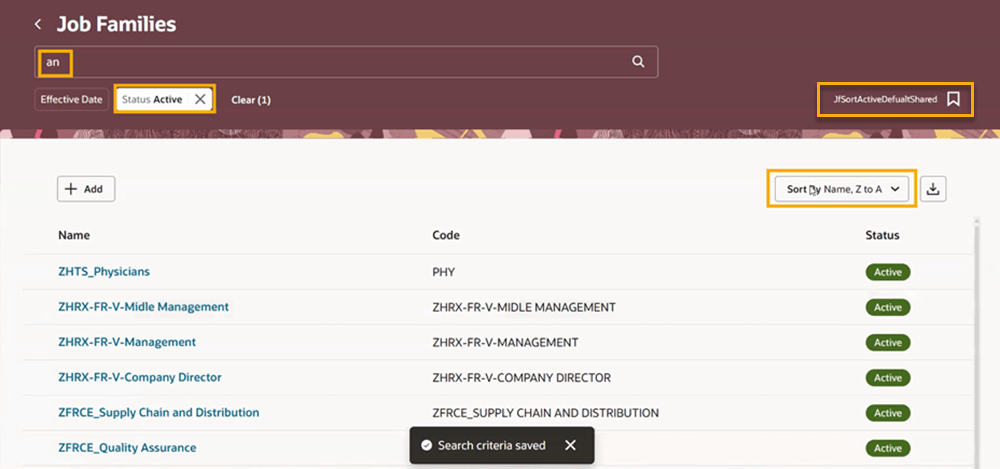 Sample saved search on the Job Families page