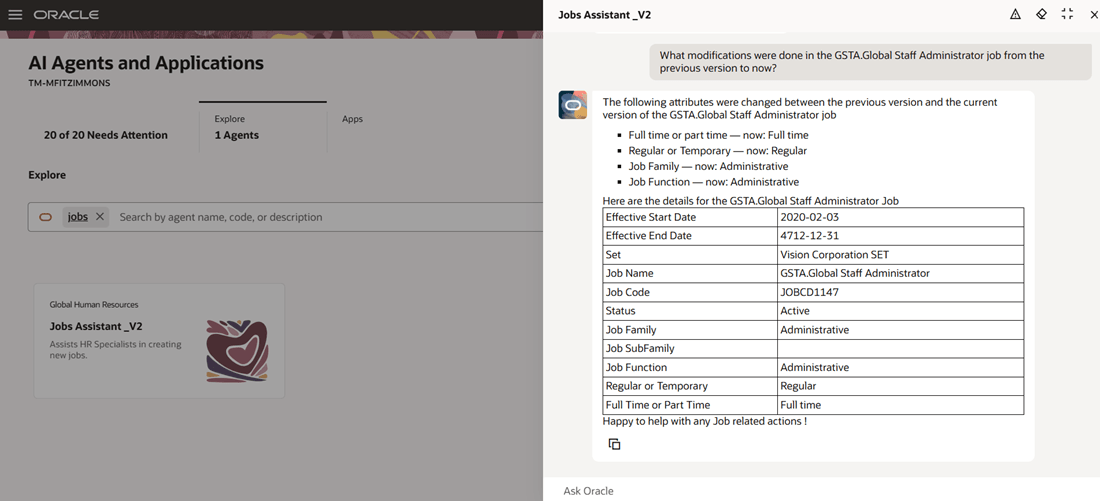 Modifications done to a job from the previous version to the current version