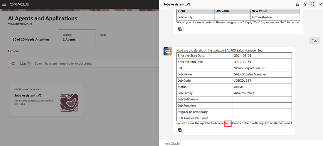 Agent displays&nbsp;details of the updated job and&nbsp;a view link to the updated record