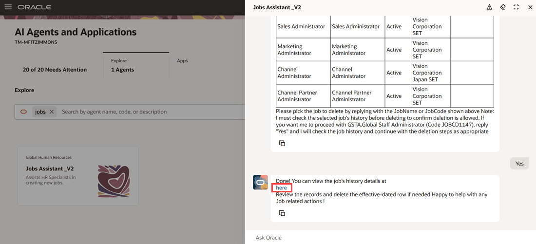 View link displayed to view the job's history details and delete the row that you want to