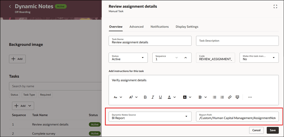Select Source as BI Report to Dynamically Generate Task Notes
