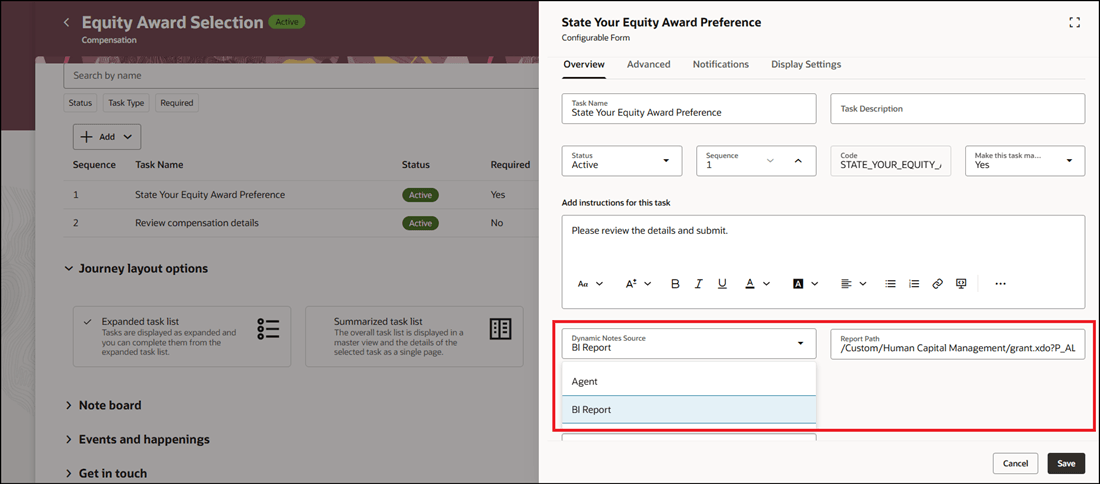Select Source as BI Report to Dynamically Generate Task Notes