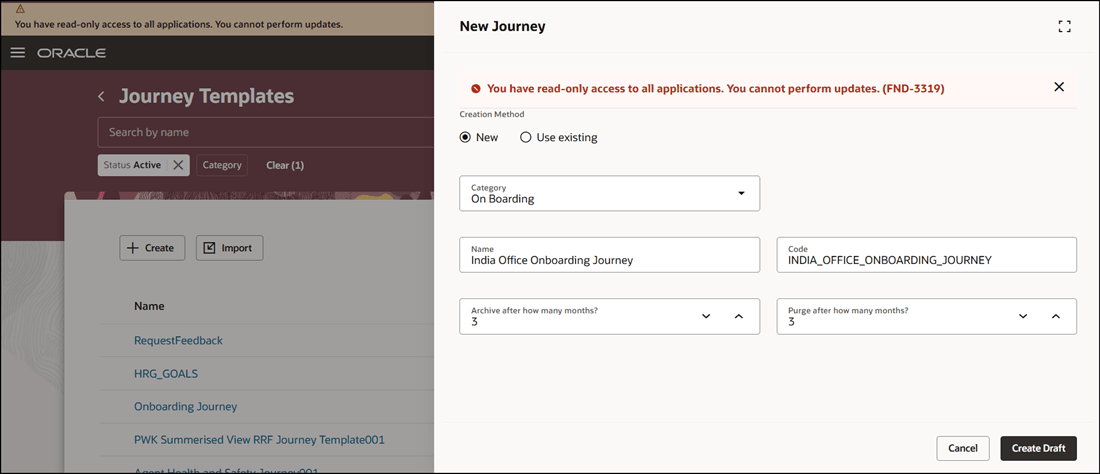 Message Displayed When User Tries to Create and Submit New Journey Template